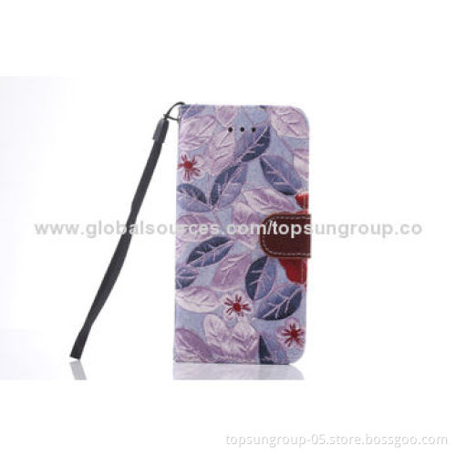 PU Leather Cases for iPhone 6, Floral Pattern with Card Slots and Hanging Rope